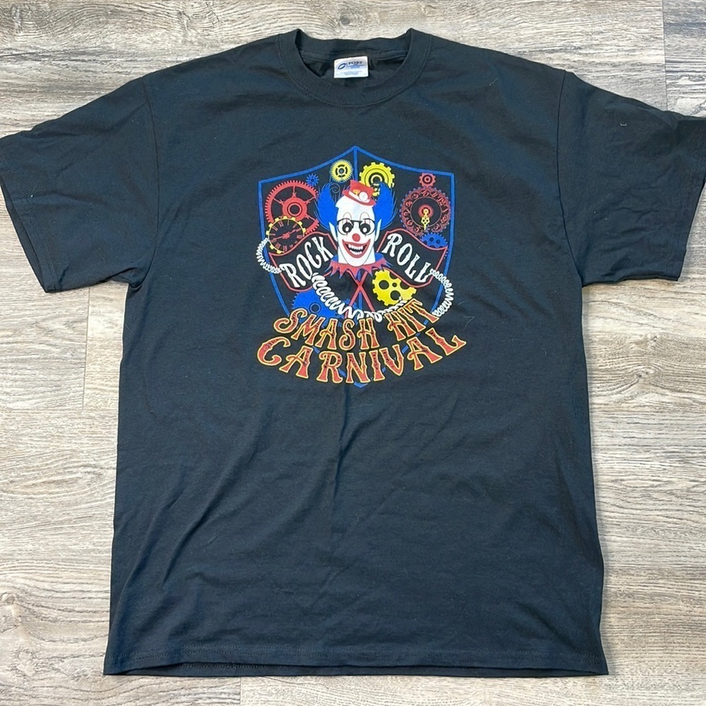 Men’s Rock & Roll Smash Hit Carnival Black Tee Shirt, size large